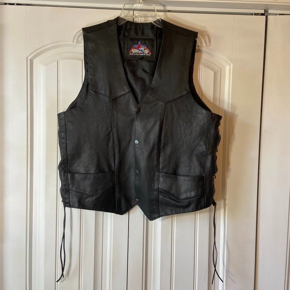 Jim Leather Inc Black Leather Vest Sz XL - Picture 1 of 8
